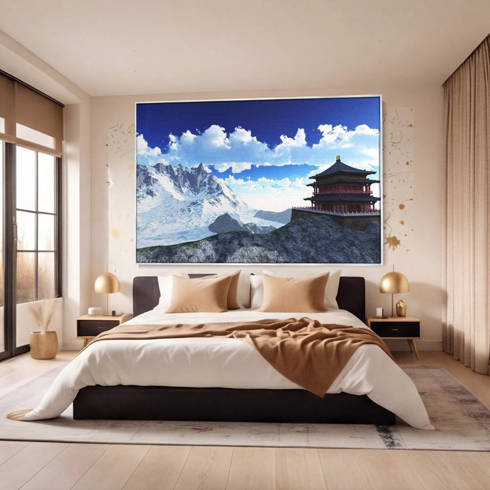 Tablou canvas cu tablou canvas cu templu si munti, in rama de aluminiu argintiu, pe perete intr-un dormitor